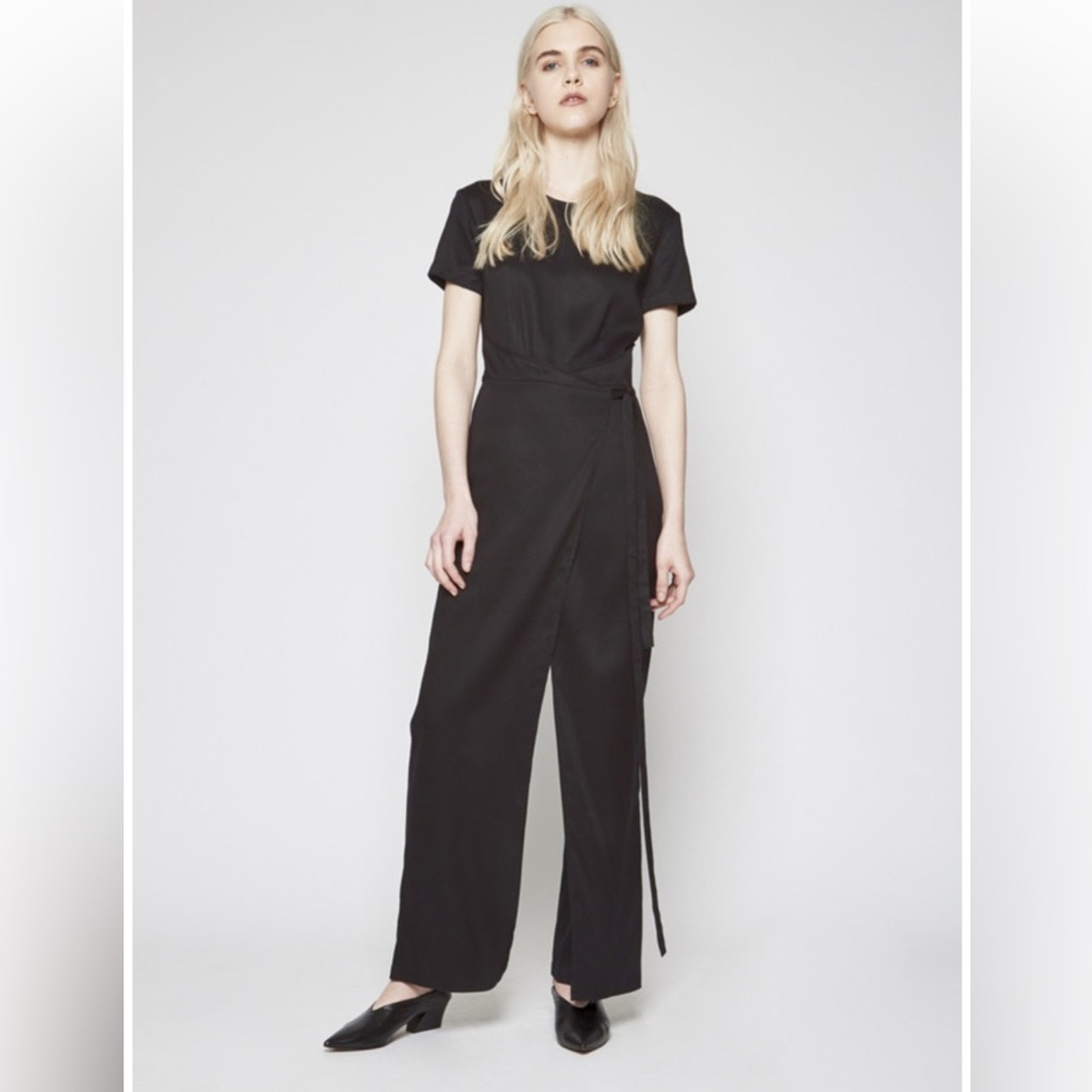 Shaina Mote Miro Wrap Jumpsuit Navy Blue 100% Lyocell Tie Waist Wide Leg Minimal